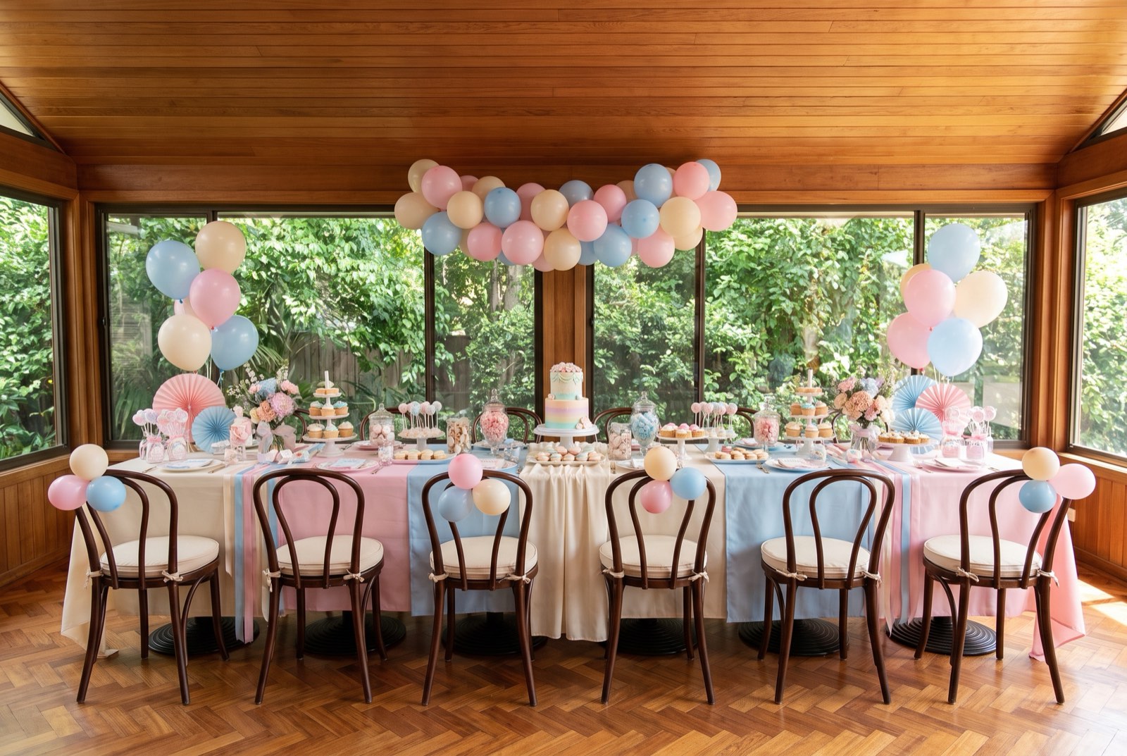 Pastellfarbene Tischdekoration für eine Babyshower in Poing