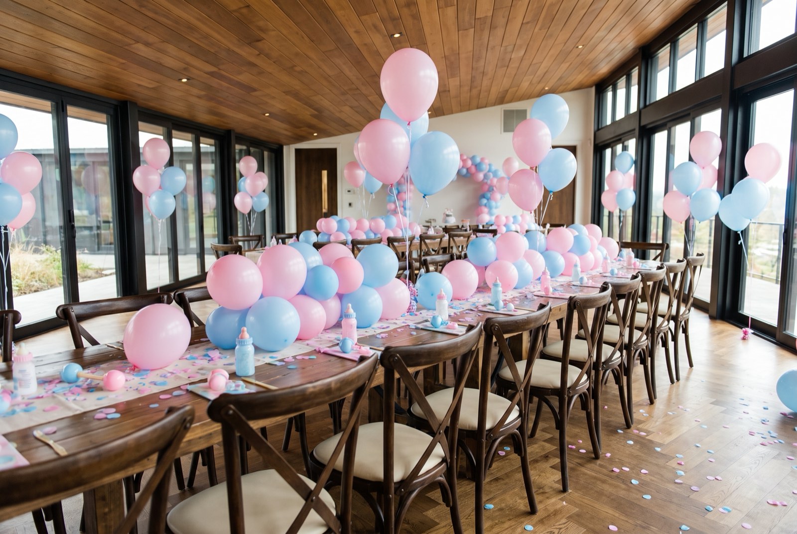 Gender-Reveal-Dekoration mit rosa und blauem Konfetti