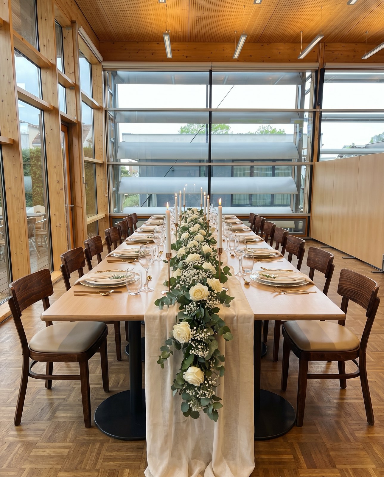 Elegante Hochzeitstafel in Creme und Weiß mit Eukalyptus und Kerzen in Poing