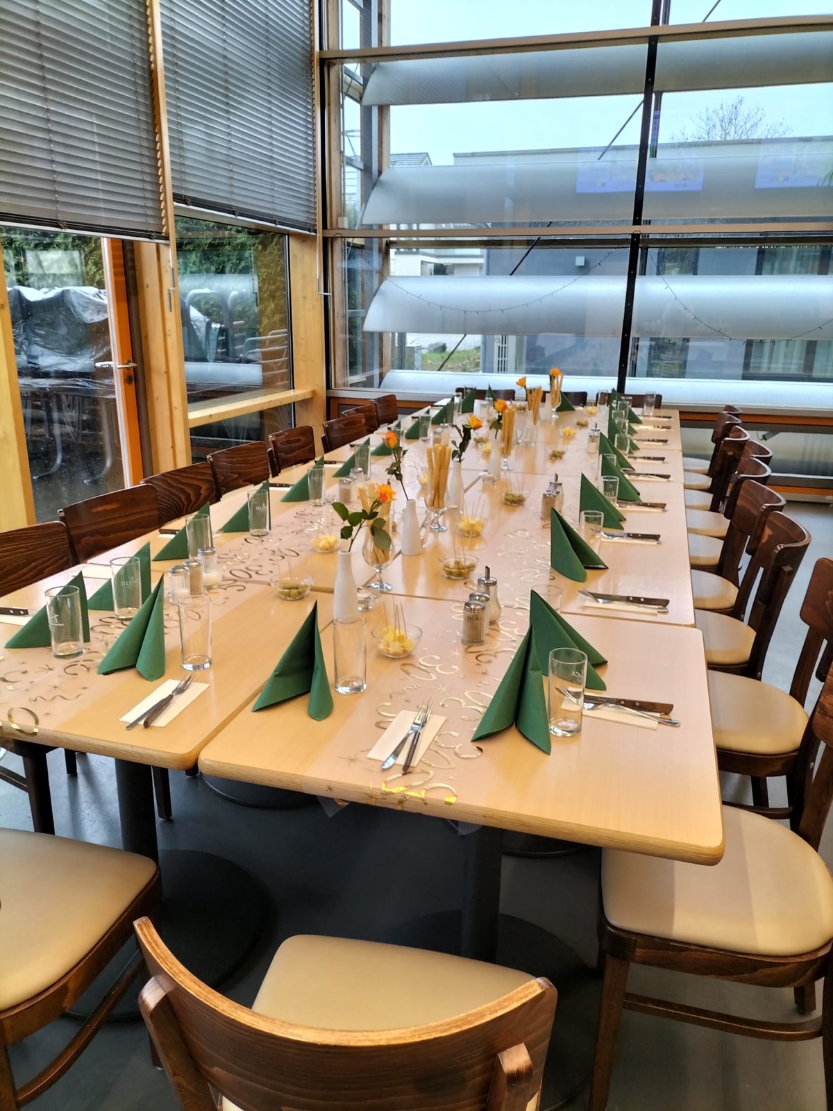 Lange Festtafel mit grünen Servietten bei Tageslicht
