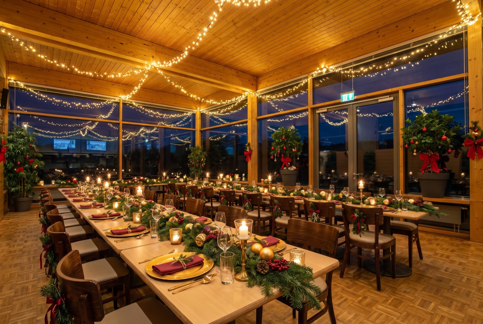 Weihnachtsfeier in einer Eventhalle in Poing mit Deko in Gold und Rot
