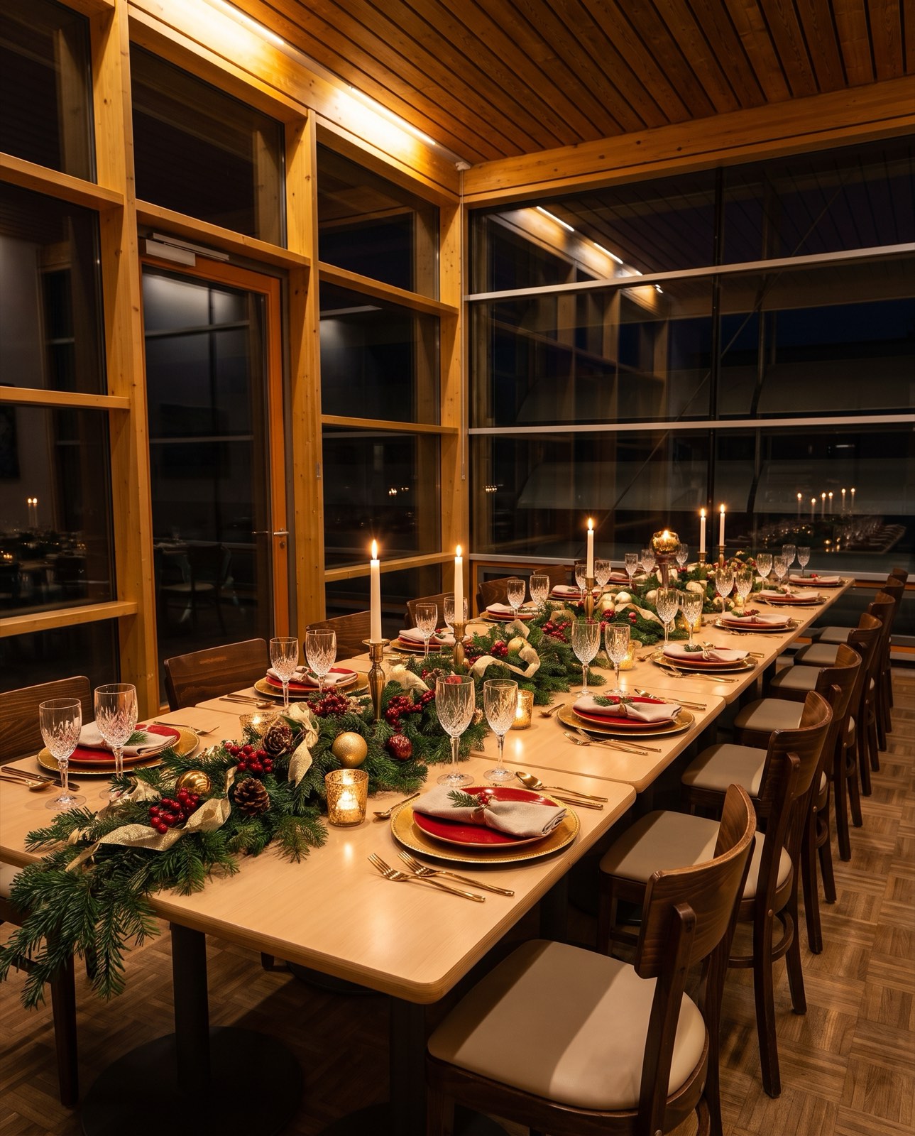 Weihnachtlich gedeckte Festtafel mit Kerzen und Tannengrün in einer Eventhalle in Poing