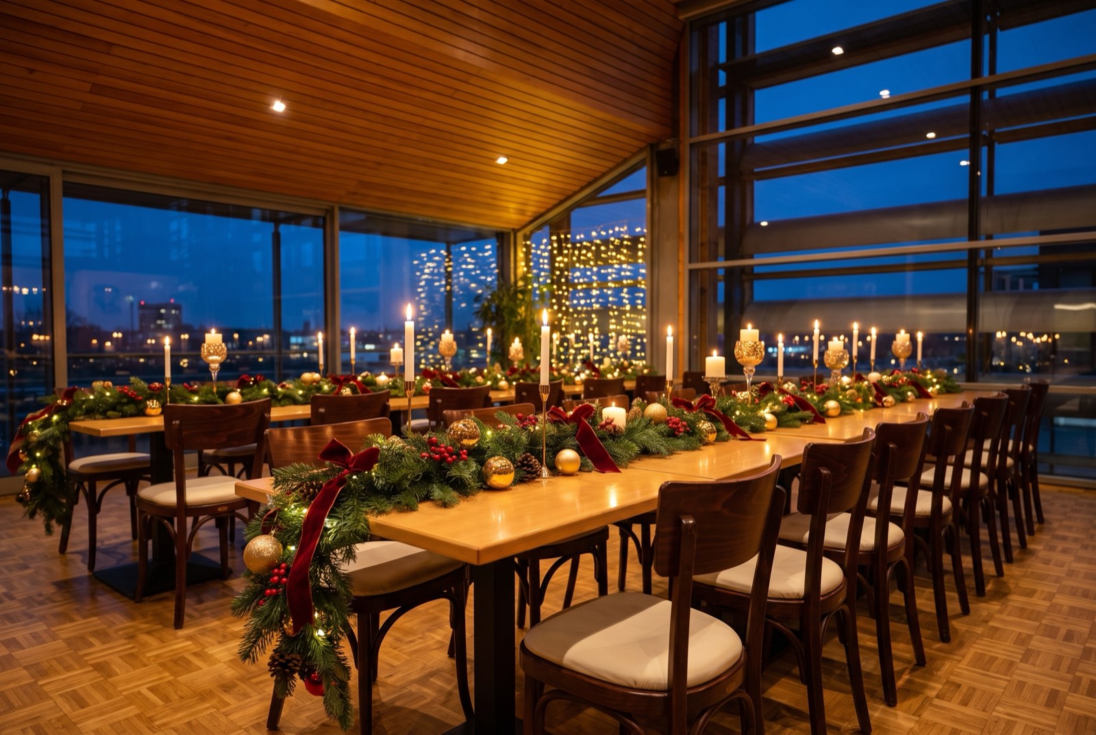 Weihnachtliche Tischdekoration mit Kerzen und Tannenzweigen